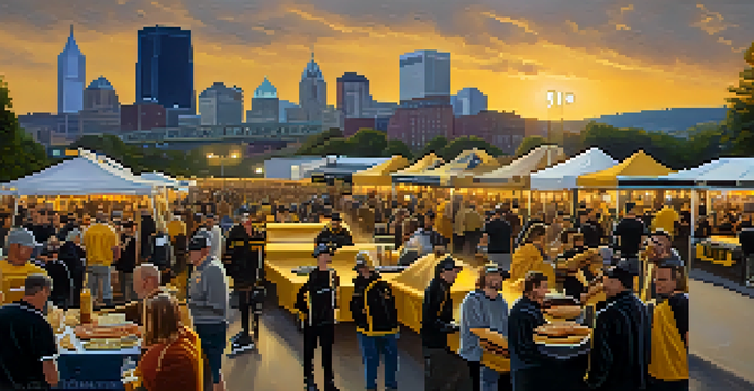 A lively tailgating scene in Pittsburgh with fans in black and gold, grilling food and enjoying games before a football match.