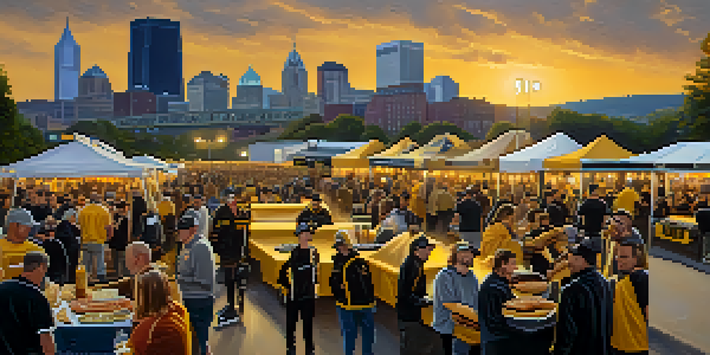 A lively tailgating scene in Pittsburgh with fans in black and gold, grilling food and enjoying games before a football match.