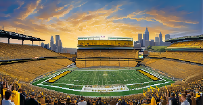 A panoramic view of Heinz Field filled with enthusiastic fans waving towels, with the Allegheny River in the background.