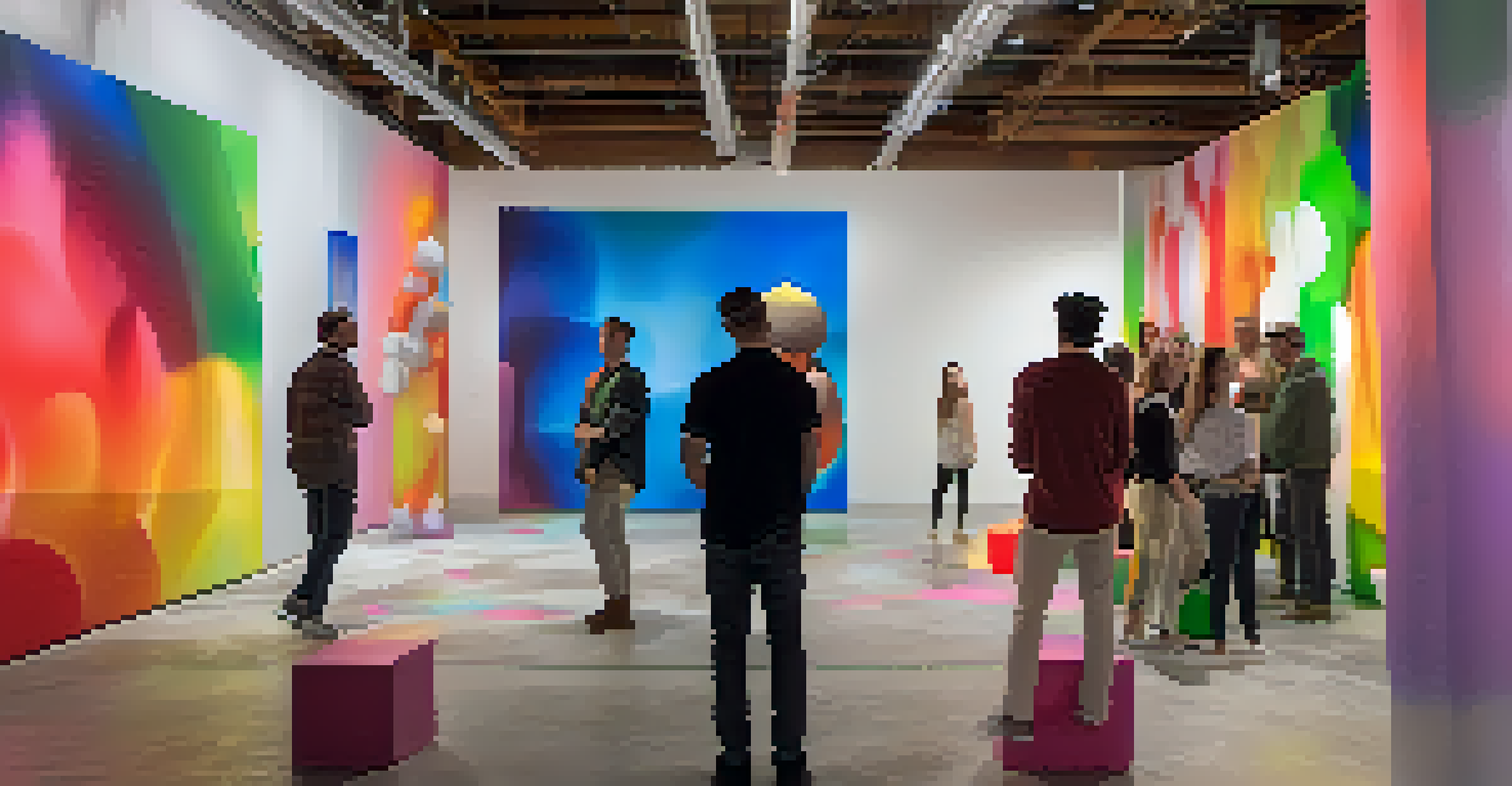 An immersive art installation at The Mattress Factory with visitors interacting with colorful sculptures.