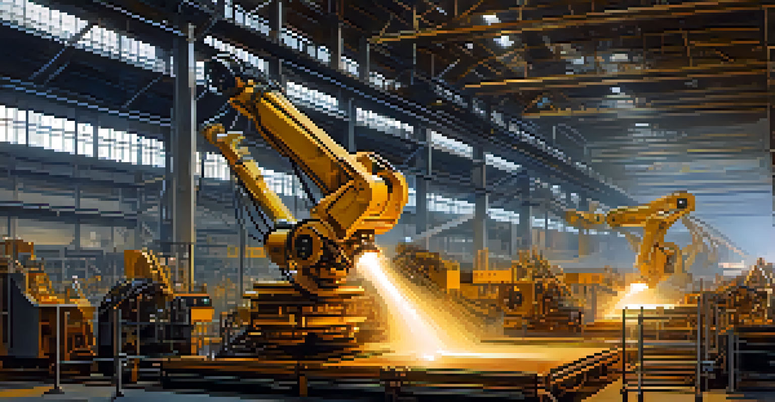 A modern steel mill with robotic arms and automated systems working on steel components in a bright environment.