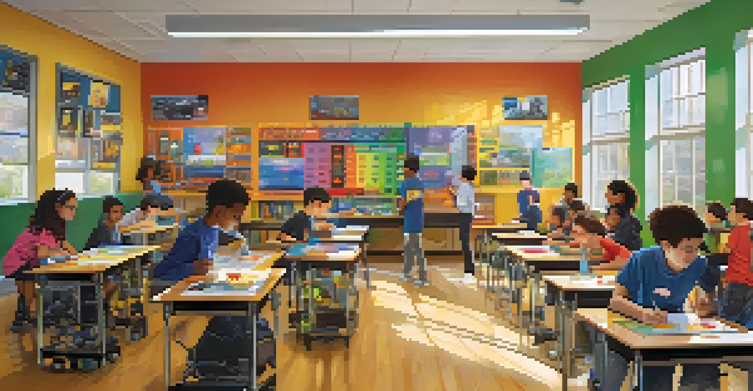 A classroom in Pittsburgh with students engaged in a robotics workshop, surrounded by educational materials and a guiding teacher.
