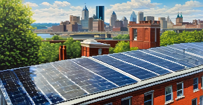 Solar panels on a rooftop with a busy street below, featuring pedestrians and cyclists, set against a clear blue sky.