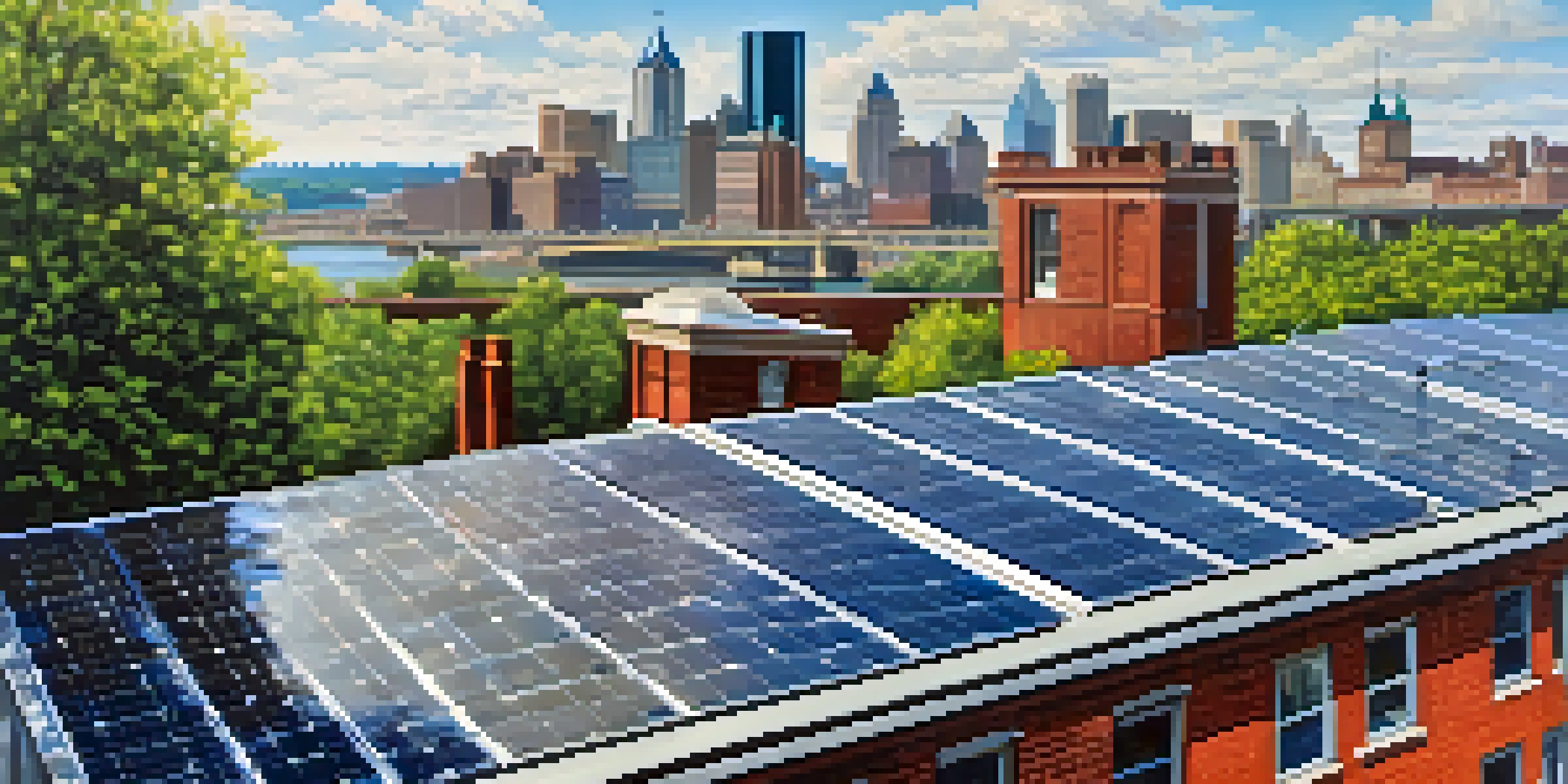 Solar panels on a rooftop with a busy street below, featuring pedestrians and cyclists, set against a clear blue sky.