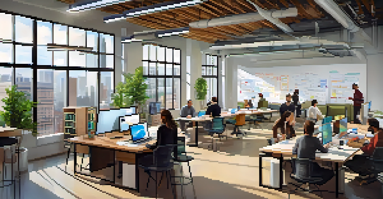 A modern open workspace in a tech startup in Pittsburgh, with professionals collaborating at a large table and bright natural light streaming in through windows.