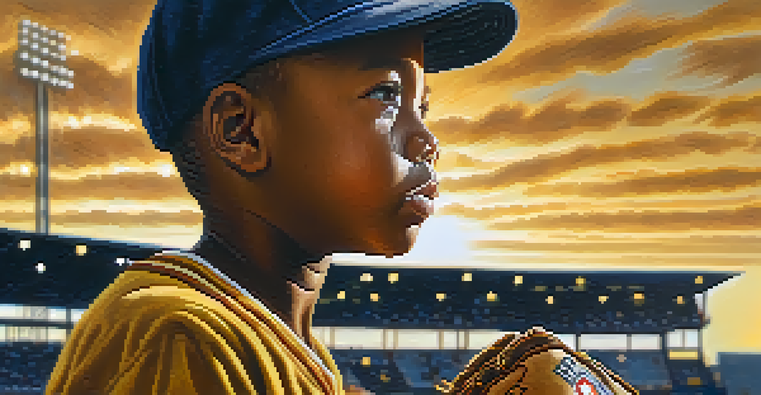 A young baseball fan holding a glove, looking up at the field during a game, with warm sunset light creating a nostalgic atmosphere.