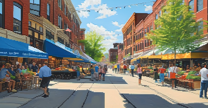 A lively marketplace in Pittsburgh with colorful shops and outdoor dining, surrounded by greenery and bright banners under a clear blue sky.