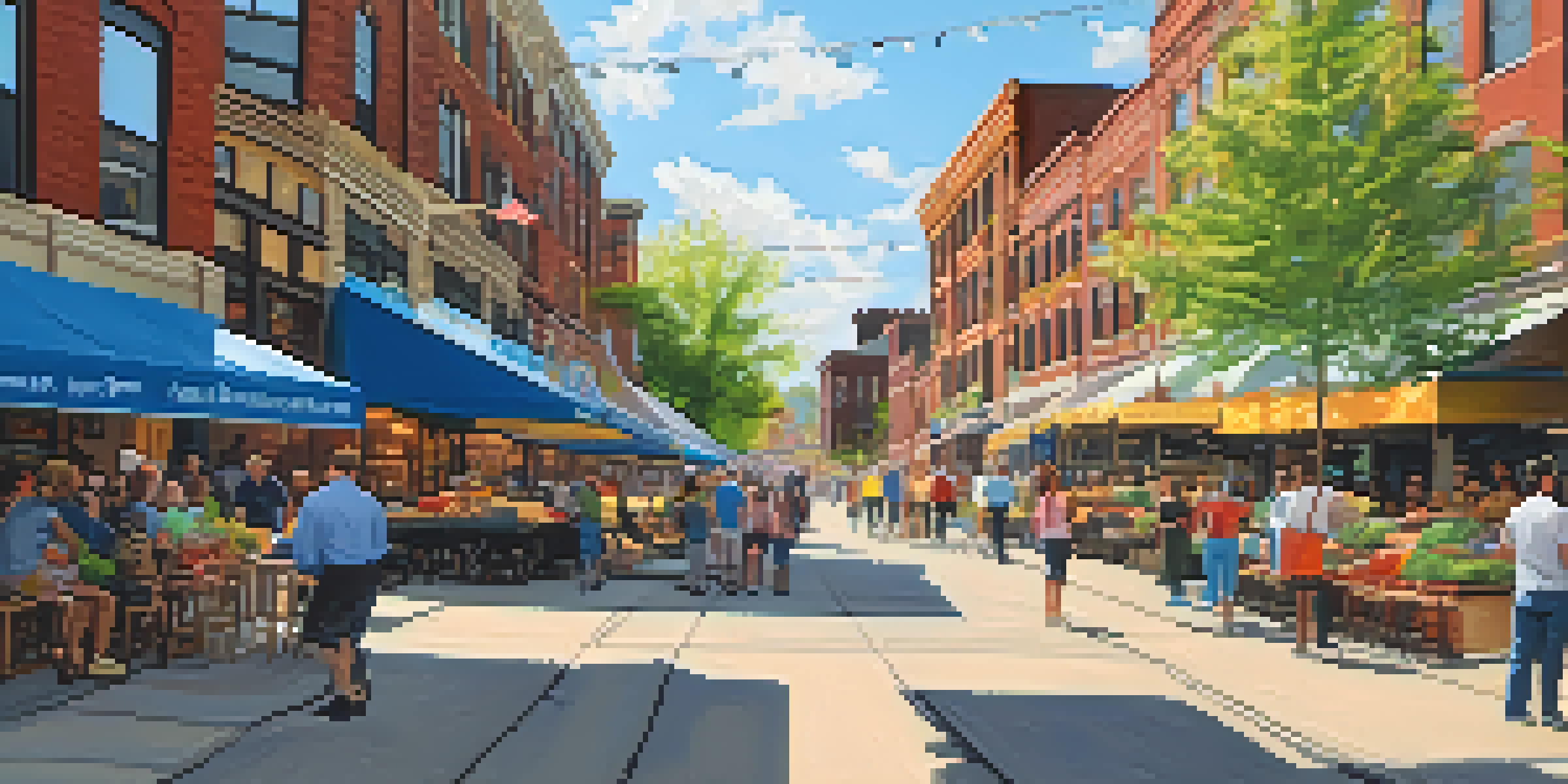 A lively marketplace in Pittsburgh with colorful shops and outdoor dining, surrounded by greenery and bright banners under a clear blue sky.