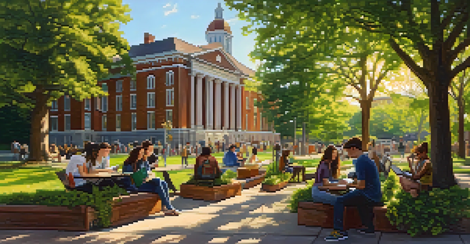 A university campus in Pittsburgh with students collaborating on tech projects, surrounded by historic buildings and greenery.