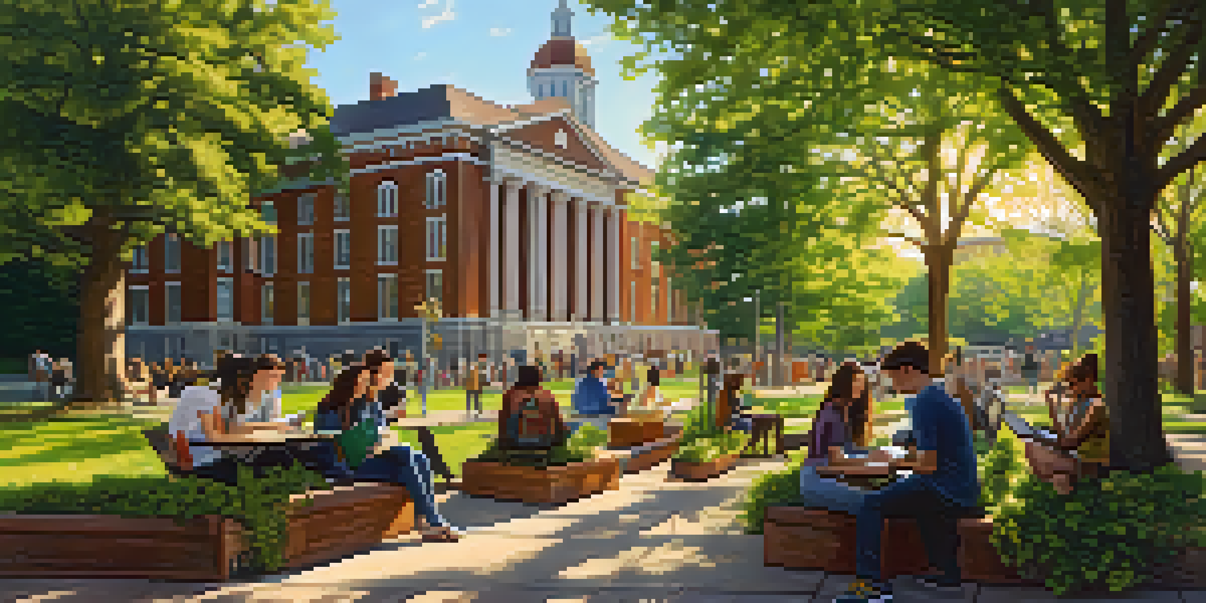 A university campus in Pittsburgh with students collaborating on tech projects, surrounded by historic buildings and greenery.