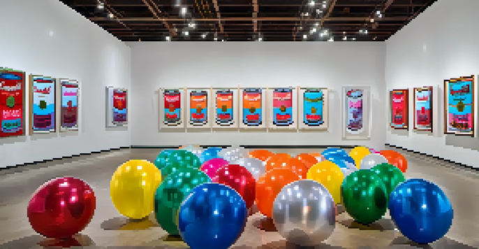 A lively interior of The Andy Warhol Museum featuring floating silver balloons and colorful pop art on the walls.