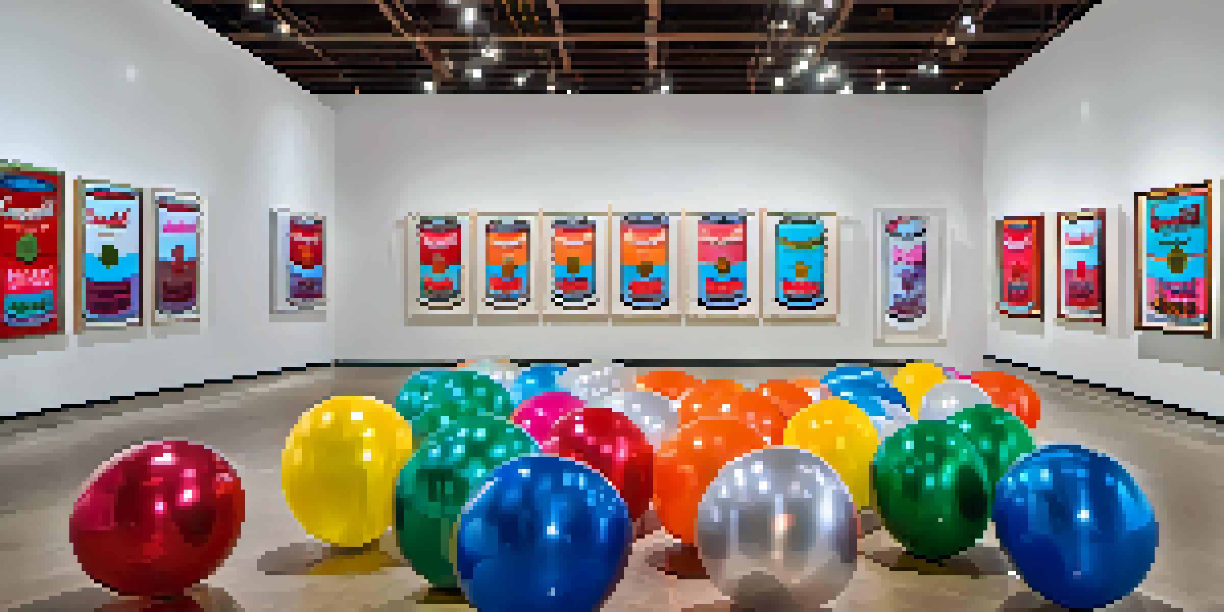 A lively interior of The Andy Warhol Museum featuring floating silver balloons and colorful pop art on the walls.