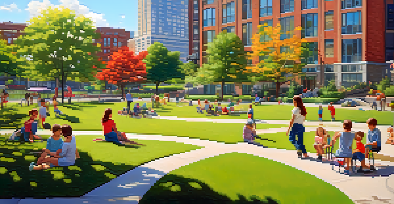 A lively park in Pittsburgh with green grass, flowers, families, and children playing, under warm sunlight.
