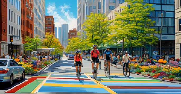 A busy street in Pittsburgh with cyclists in a bike lane, pedestrians on sidewalks, and well-maintained greenery, depicting a lively urban environment.