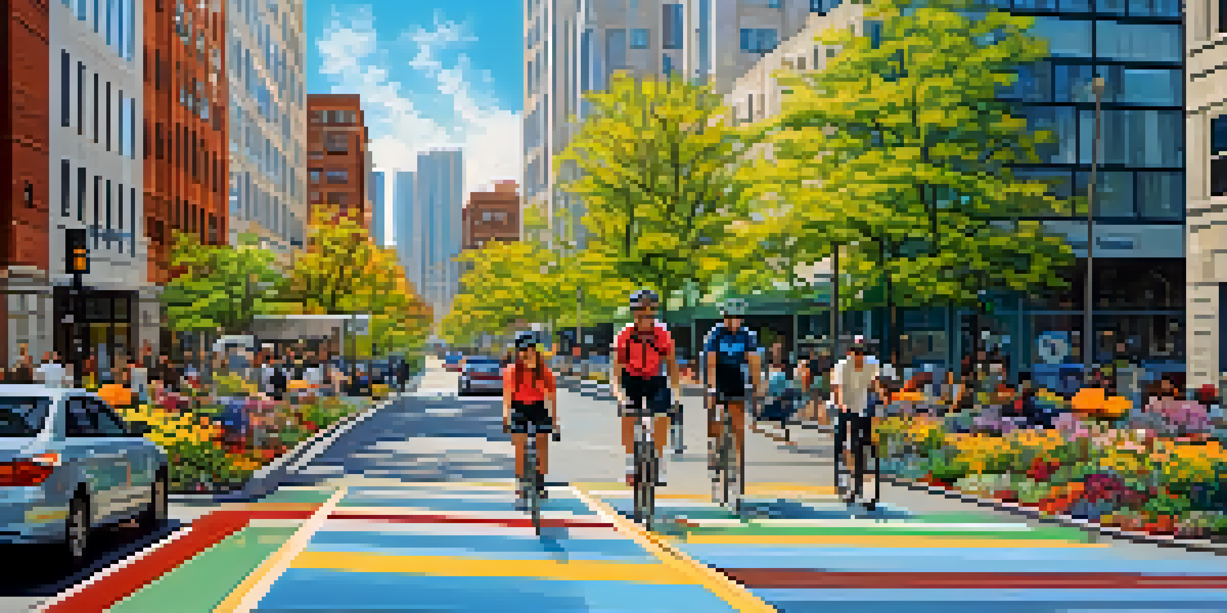 A busy street in Pittsburgh with cyclists in a bike lane, pedestrians on sidewalks, and well-maintained greenery, depicting a lively urban environment.