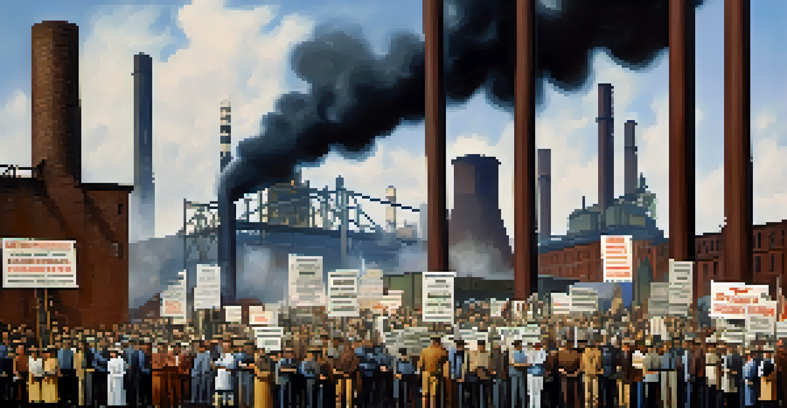 Steelworkers protesting for fair wages and better working conditions, with banners and industrial architecture in the background.