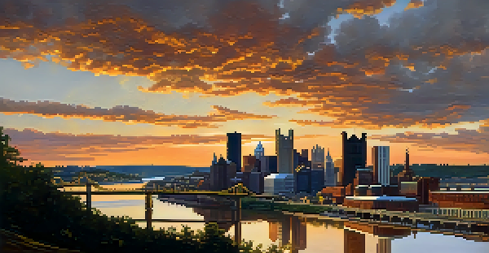 A panoramic view of Pittsburgh's skyline with the PPG Place reflecting sunlight and old steel mill remnants in the foreground, capturing the city's industrial history.