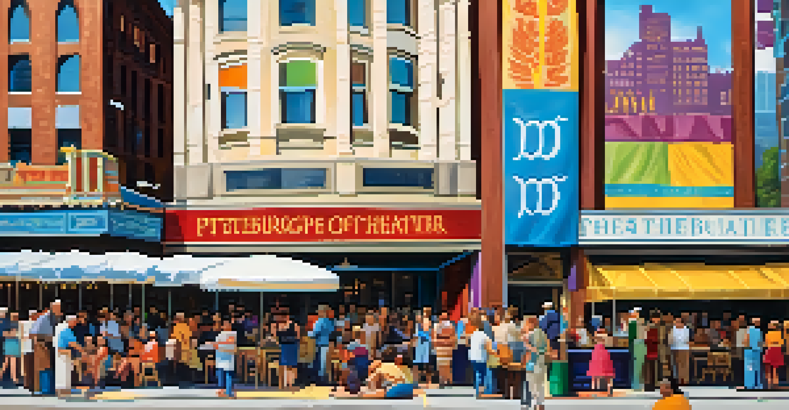A lively street scene at the Pittsburgh Public Theater festival, with colorful banners, food stalls, and people enjoying performances.