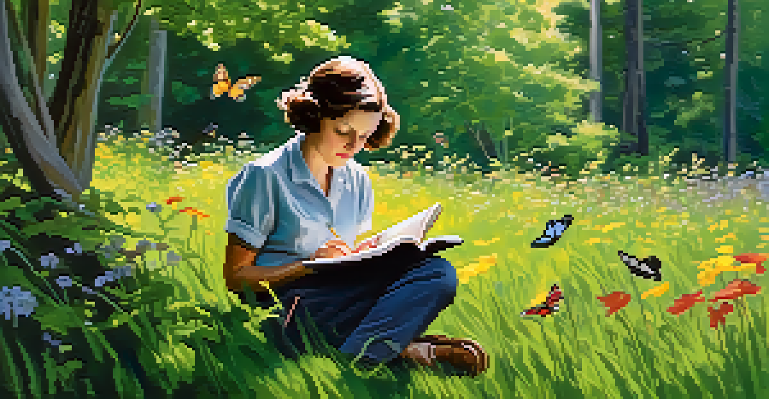 Rachel Carson sitting in a green field, writing in a notebook, surrounded by nature and wildflowers, in a serene setting.