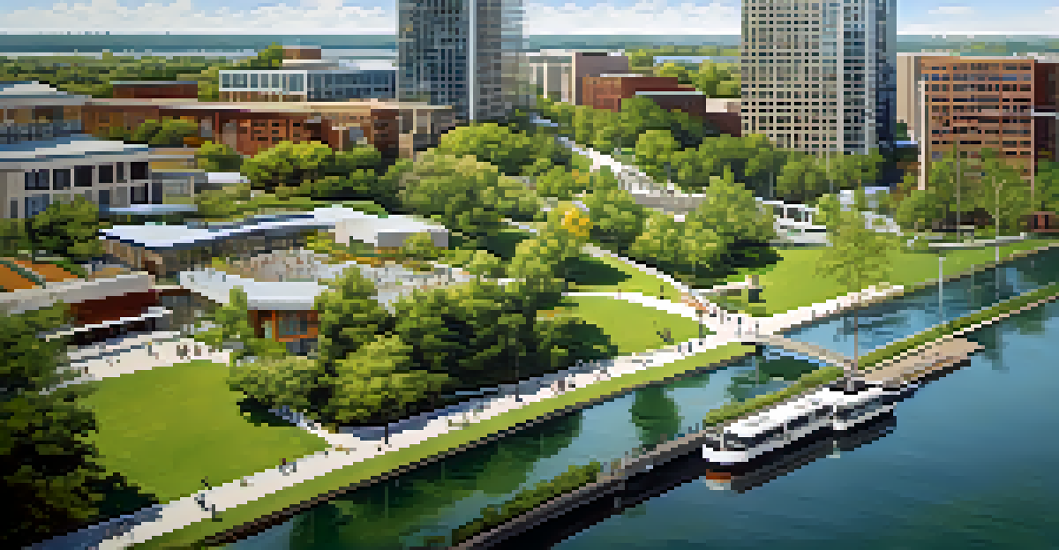An aerial view of the North Shore Riverfront Park, showcasing green spaces, modern buildings, and people engaging in outdoor activities.