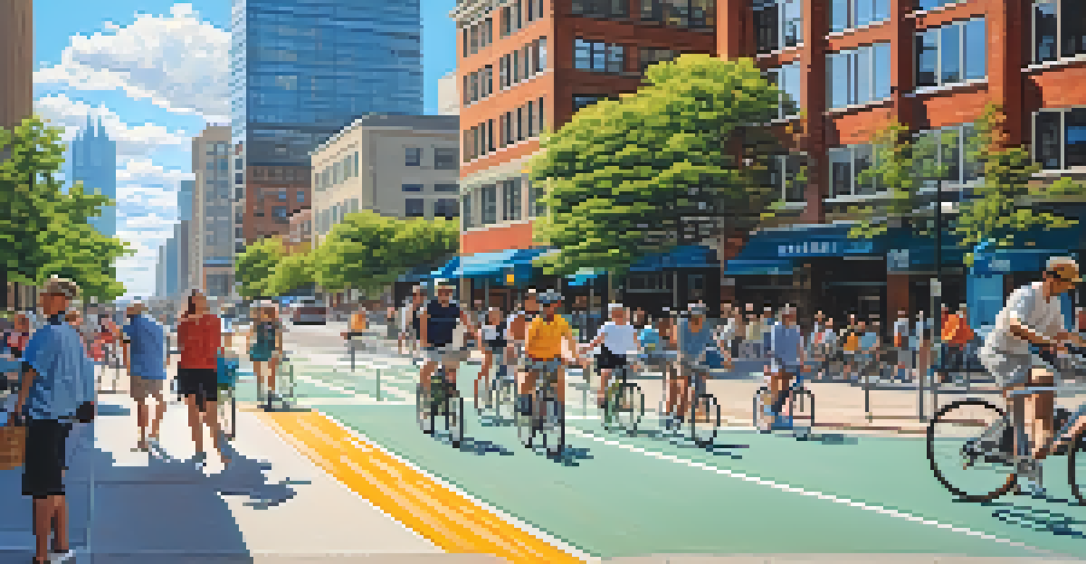 A lively street in Pittsburgh with cyclists in a bike lane, modern buildings, and pedestrians, all under a bright blue sky.