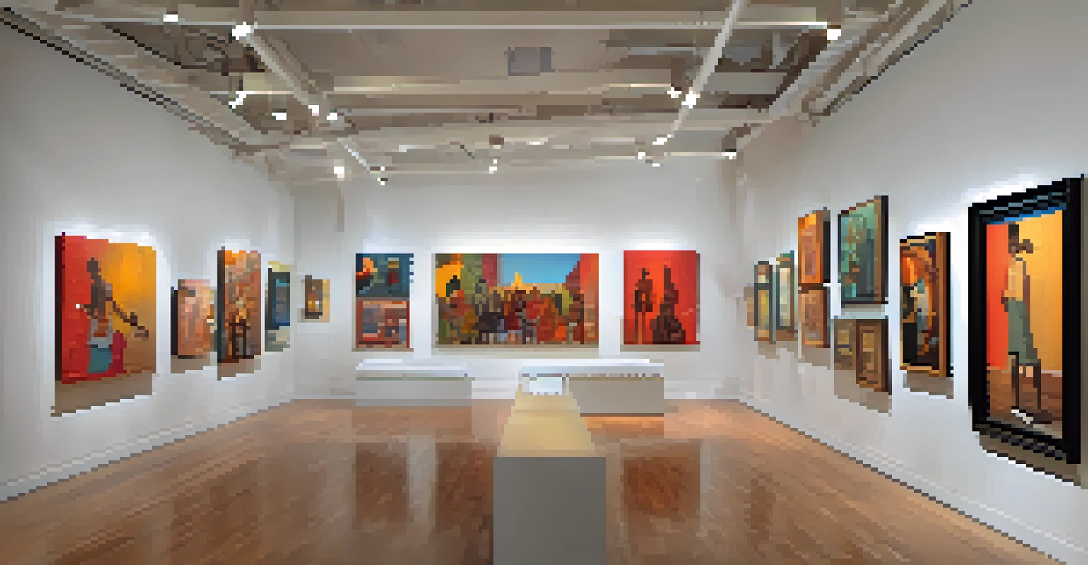 A bright interior of the August Wilson Center filled with vibrant artwork and visitors appreciating African American culture.