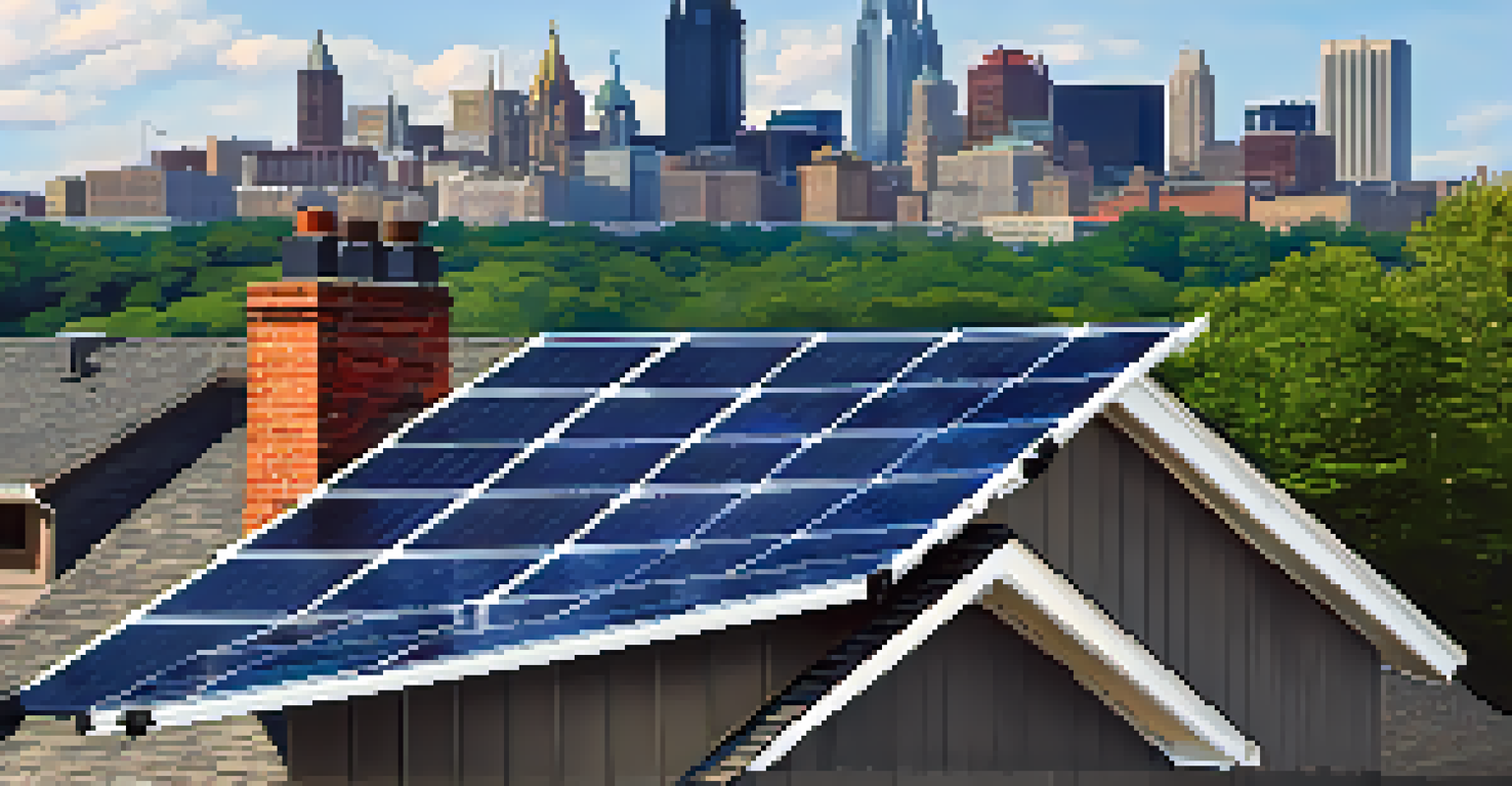 Close-up of a solar panel installation on a rooftop with Pittsburgh skyline in the background, sunlight reflecting off the panels and greenery around.