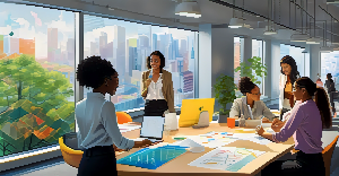 A diverse group of women collaborating in a modern tech office, discussing ideas around a digital whiteboard.