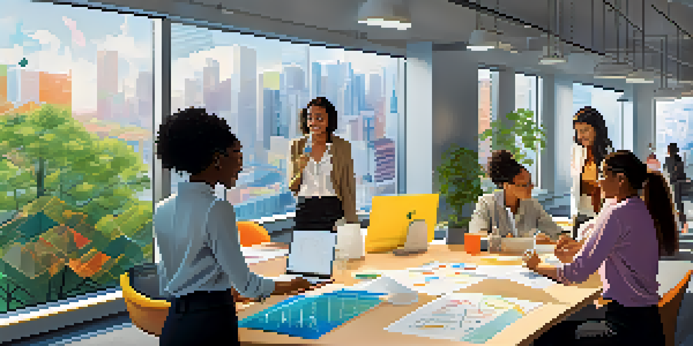 A diverse group of women collaborating in a modern tech office, discussing ideas around a digital whiteboard.