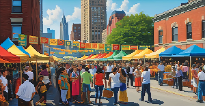 A lively street festival in Pittsburgh with diverse people enjoying cultural activities and food, against the backdrop of the city skyline.