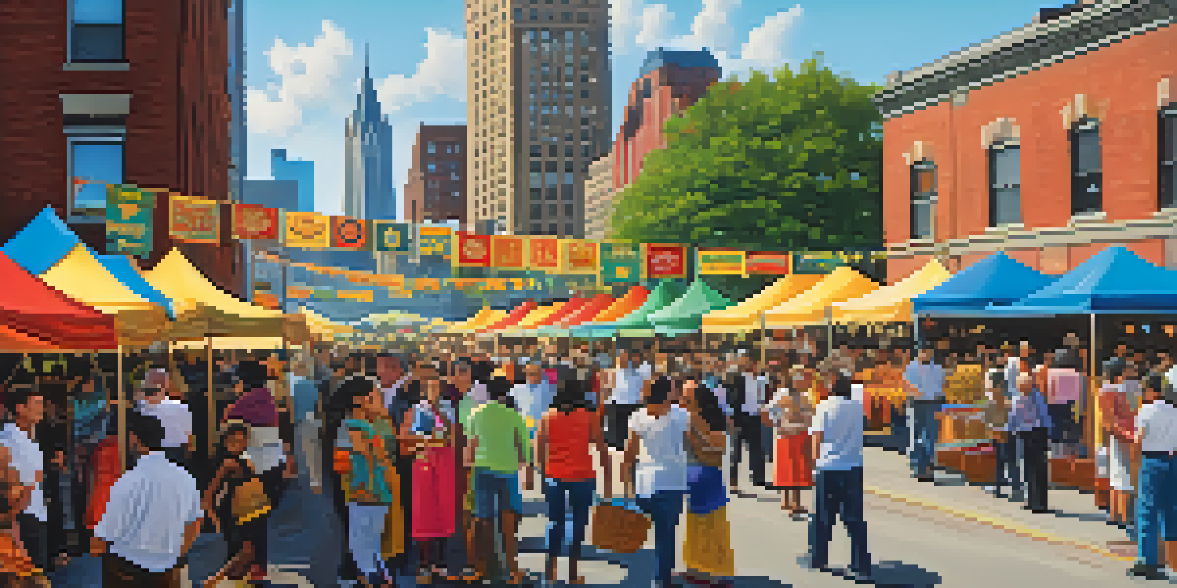A lively street festival in Pittsburgh with diverse people enjoying cultural activities and food, against the backdrop of the city skyline.
