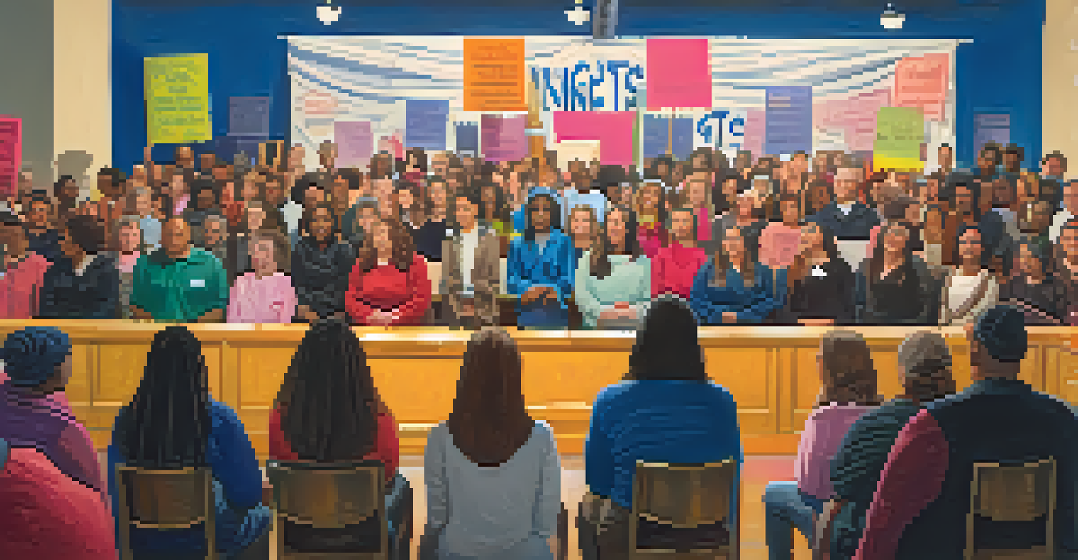 A young woman confidently speaking at a podium during a community meeting in Pittsburgh, with banners for women's rights and an engaged audience.