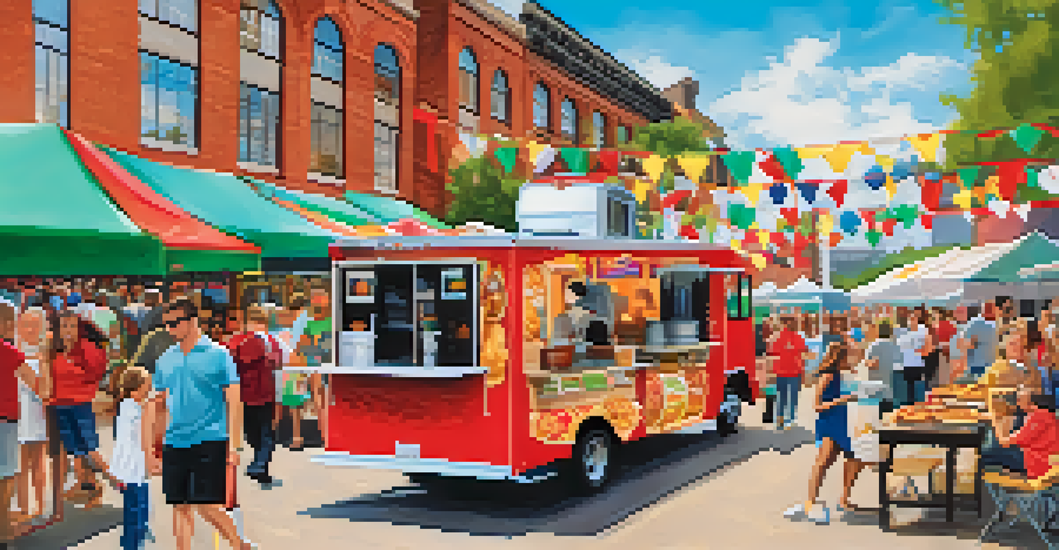 A bustling outdoor food festival in Pittsburgh, featuring diverse food trucks and attendees enjoying international cuisines and live music.