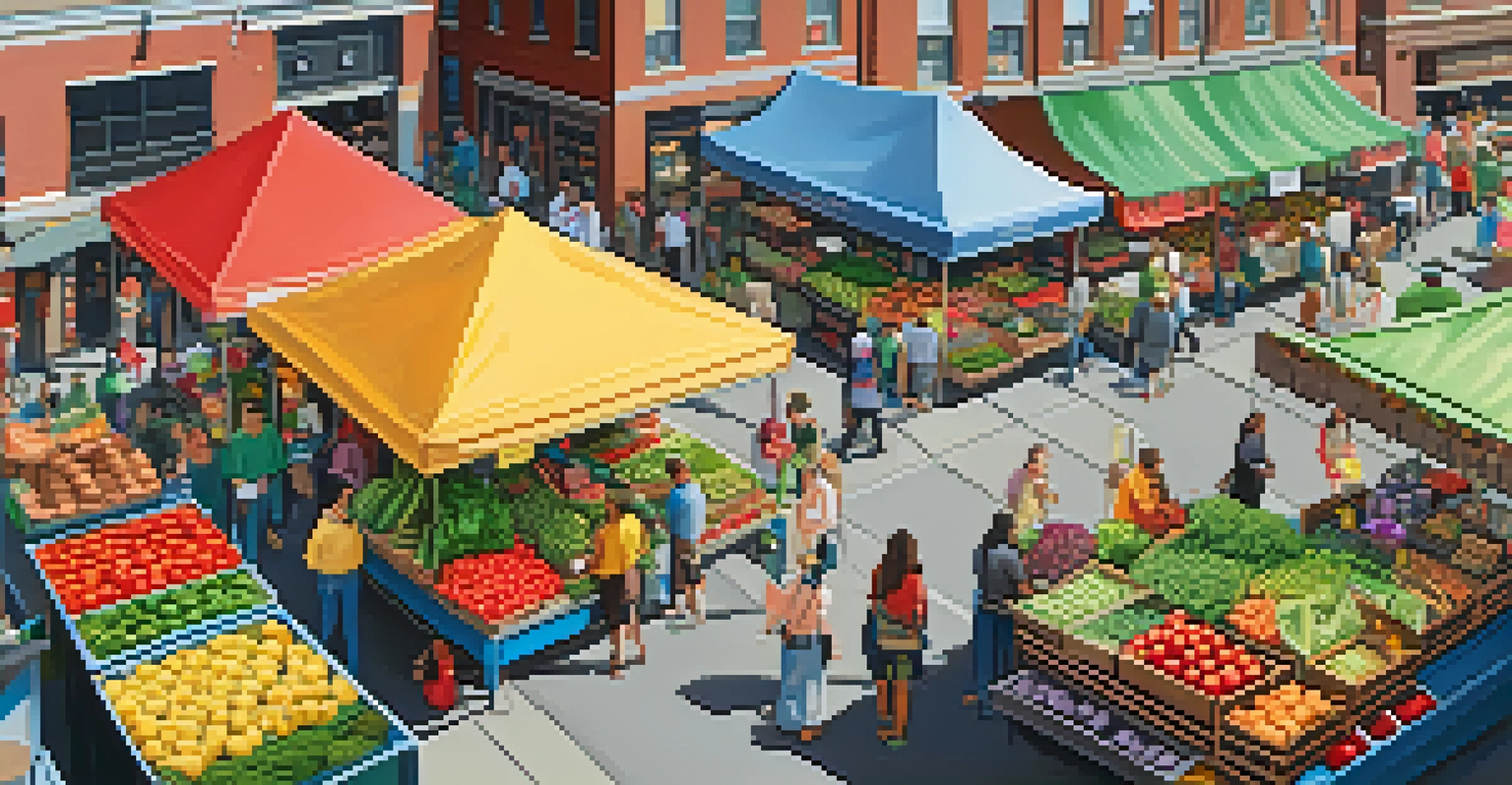 A street market in Pittsburgh with vendors selling fresh produce and plant-based products, lively and colorful atmosphere.
