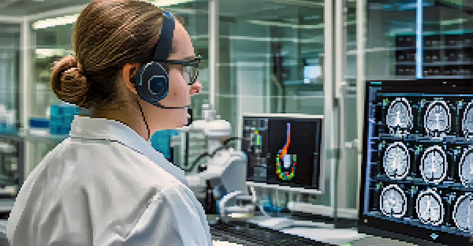 A researcher analyzing a brain scan on a monitor using advanced neuroimaging technology in a laboratory setting.