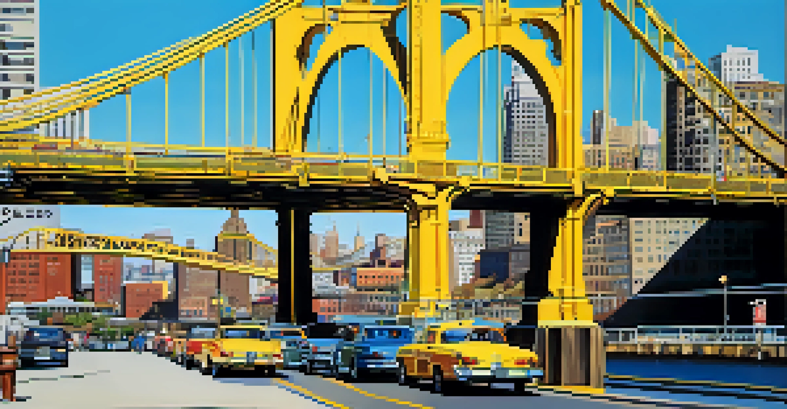 The Andy Warhol Bridge in Pittsburgh, filled with pedestrians, with the Allegheny River and cultural district visible.