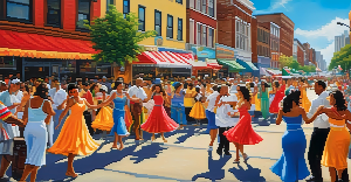 A lively street filled with people celebrating the Puerto Rican Festival, dancing and enjoying traditional food, with colorful decorations and heritage murals in the background.
