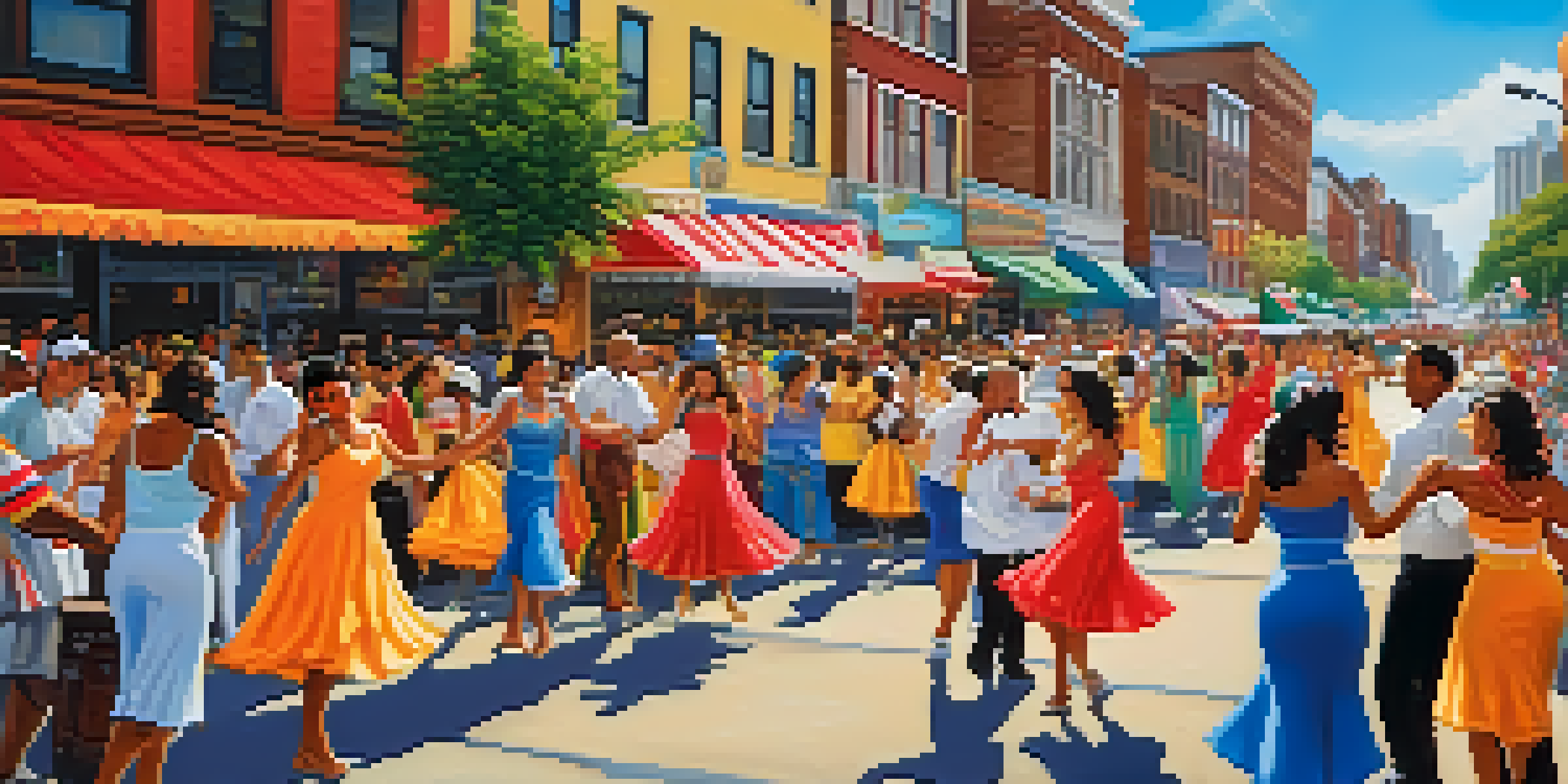 A lively street filled with people celebrating the Puerto Rican Festival, dancing and enjoying traditional food, with colorful decorations and heritage murals in the background.