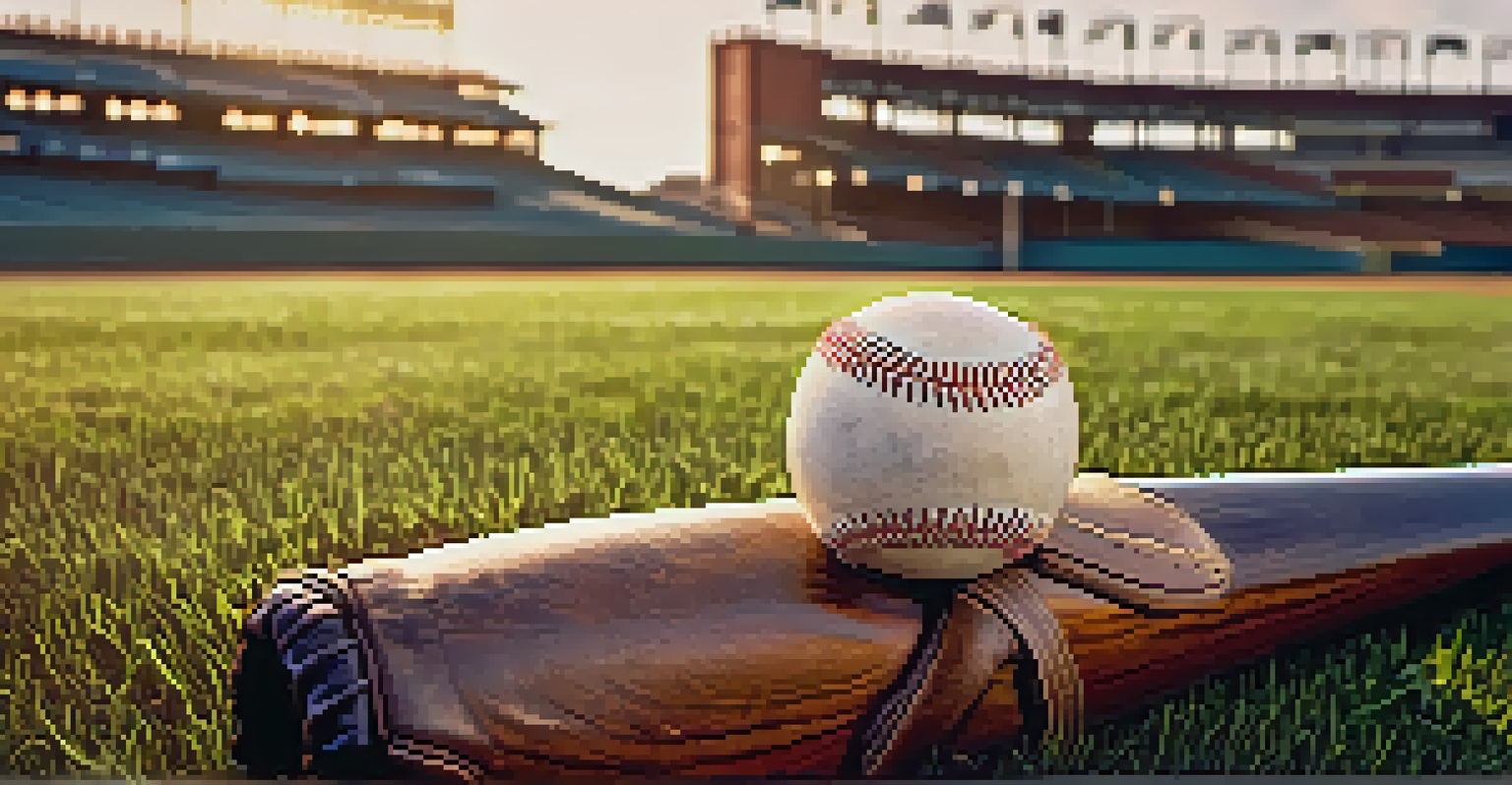 A close-up of a baseball bat and glove on a grassy field, with a vintage baseball, representing Pittsburgh Pirates' history.