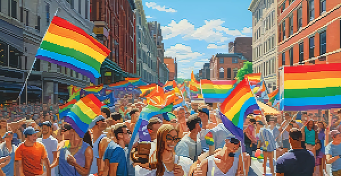 A lively street filled with diverse people celebrating Pittsburgh Pride, surrounded by colorful flags and balloons, with historic buildings in the background.