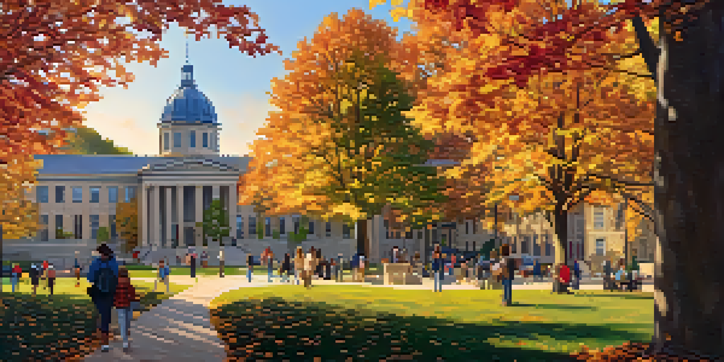 A colorful autumn scene on Carnegie Mellon University's campus, featuring historic buildings and students working together under golden light.