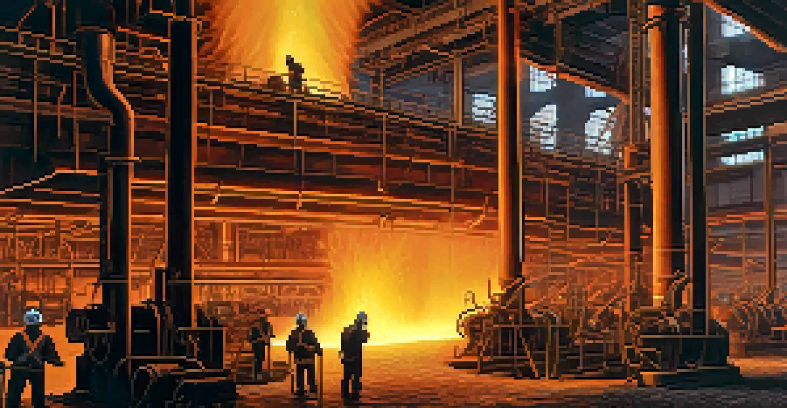 An industrial steel mill scene showing the Bessemer process with molten iron being poured and workers in safety gear.