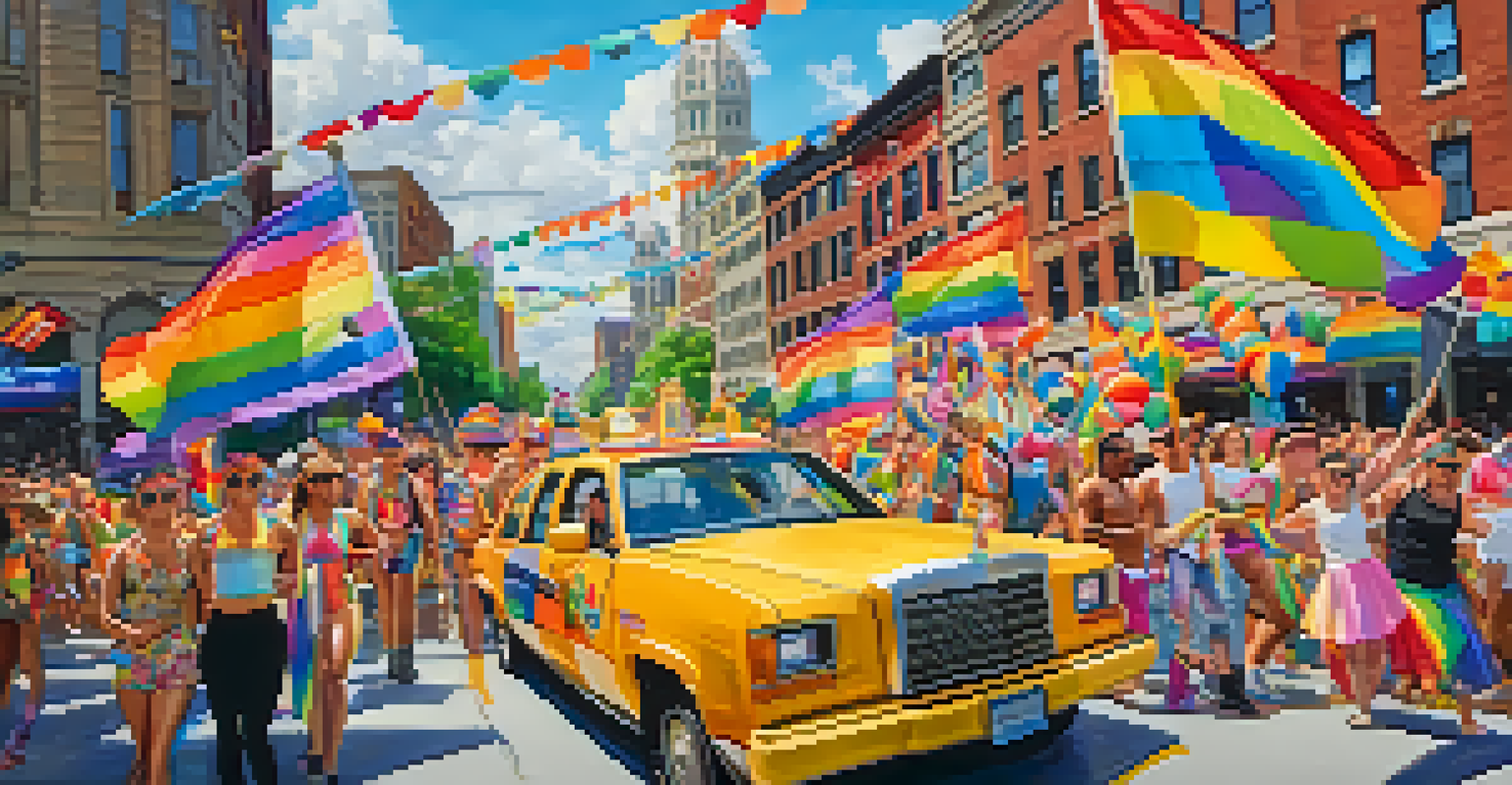 A colorful and energetic parade at Pittsburgh Pride, showcasing people in vibrant costumes and banners celebrating LGBTQ+ pride and acceptance.