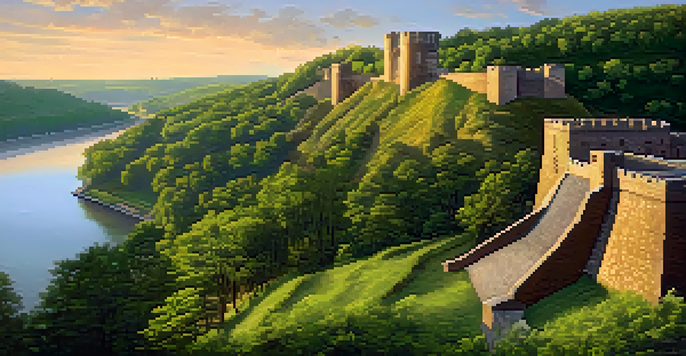 A picturesque sunset view of Fort Duquesne, highlighting its stone walls and the rivers, with historical reenactors in the foreground.