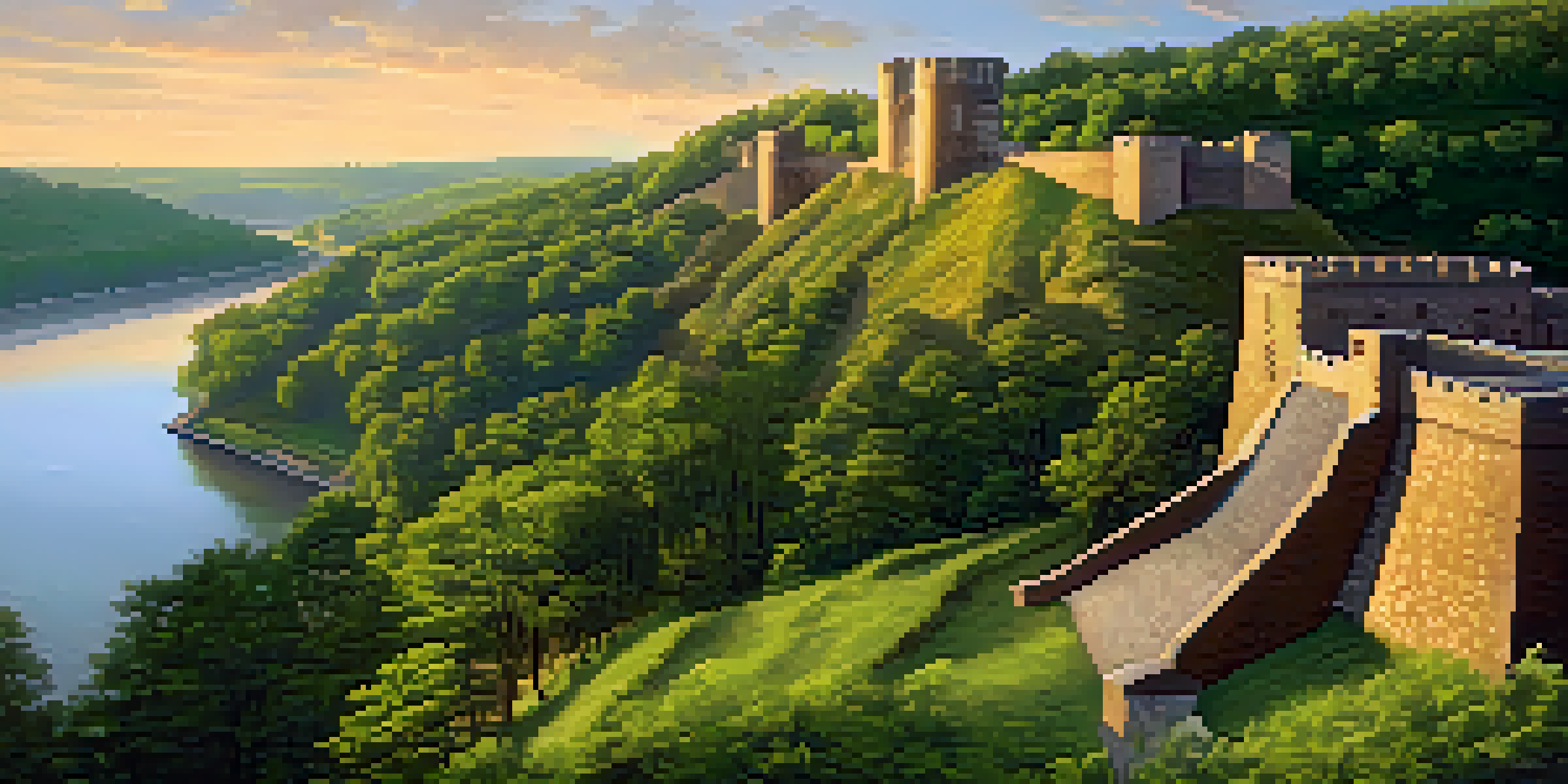 A picturesque sunset view of Fort Duquesne, highlighting its stone walls and the rivers, with historical reenactors in the foreground.