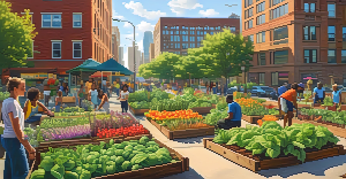 An urban garden in Pittsburgh with community members tending to raised beds filled with vegetables and flowers, under warm sunlight with buildings in the background.