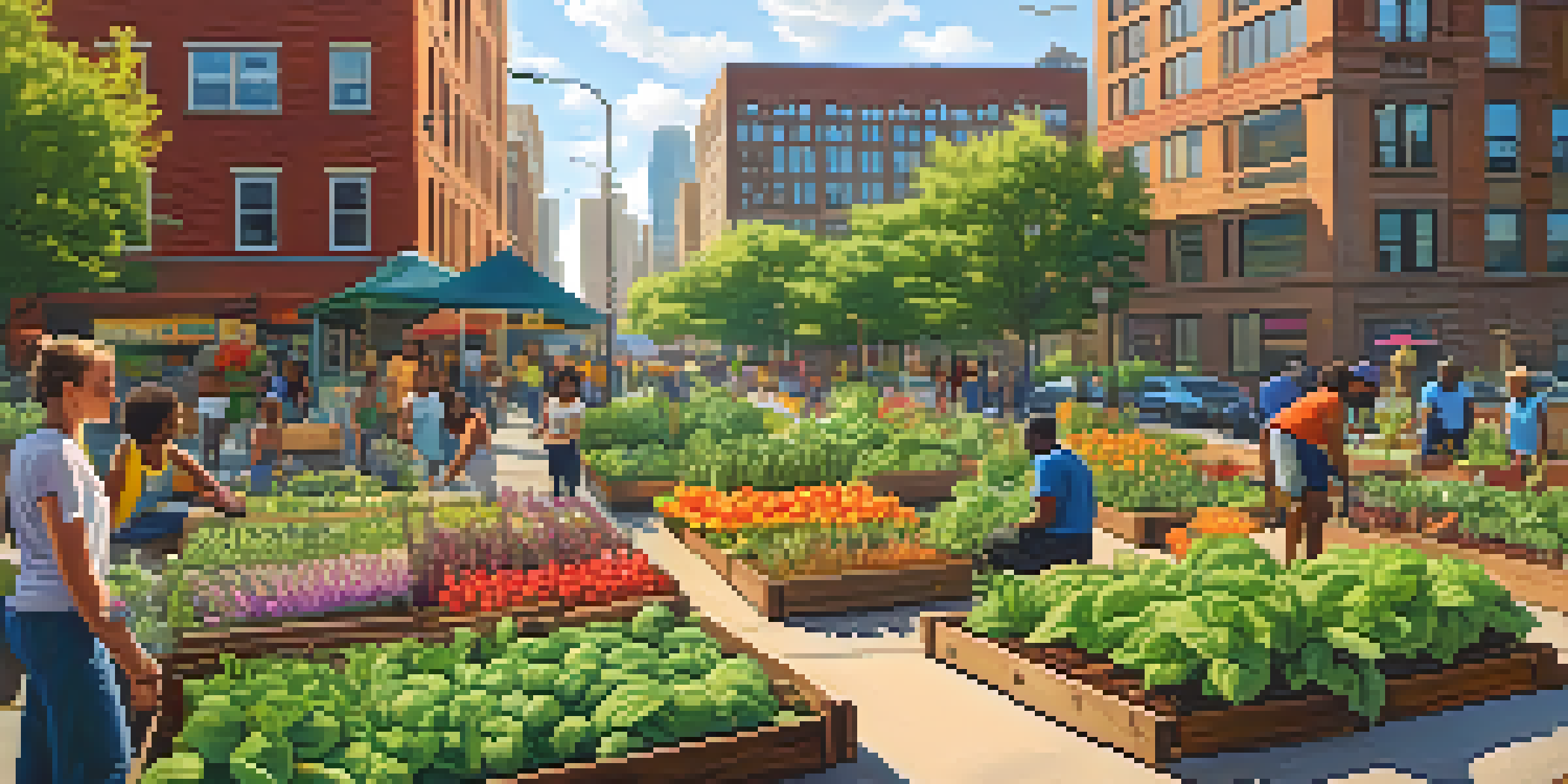 An urban garden in Pittsburgh with community members tending to raised beds filled with vegetables and flowers, under warm sunlight with buildings in the background.