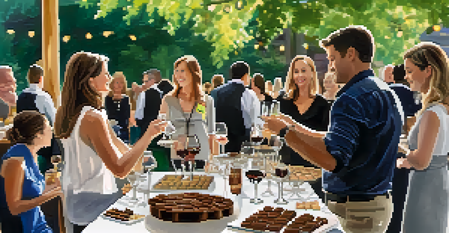 An elegant festival scene featuring tables with wine and chocolate pairings, with guests sampling and learning about the pairings in a softly lit environment.