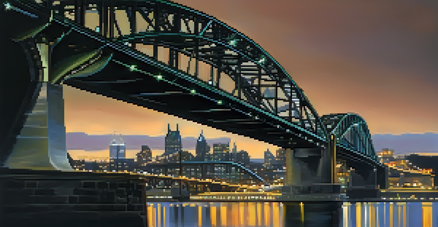 A close-up view of the Fort Pitt Bridge at dusk, showcasing its curves and the city skyline with lights reflecting on the water.