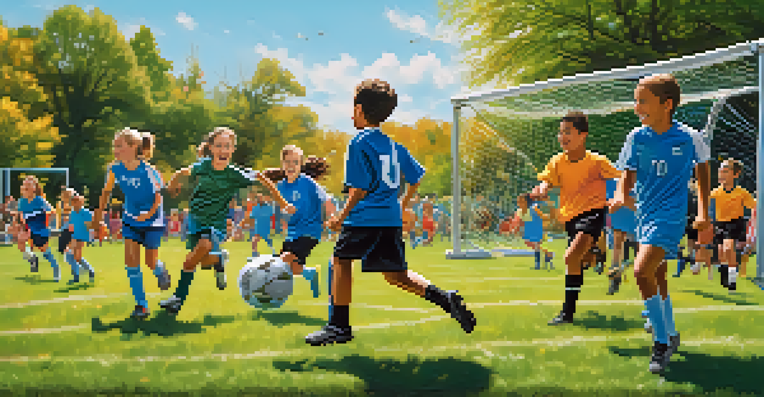 Children playing soccer in a park with parents cheering on the sidelines, showcasing community spirit.